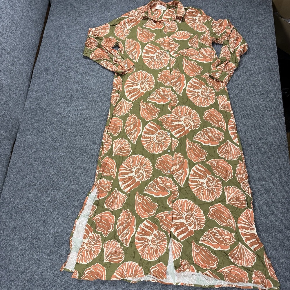 Citrine Swim Dress Womens Large Green Sea Shell Print Maxi Cover Up Beach Read